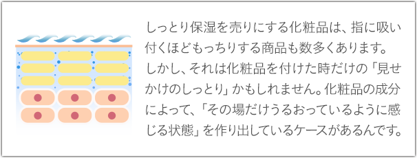 しっとり保湿を売りにする化粧品は、指に吸い付くほどもっちりする商品も数多くありますが、「見せかけのしっとり」かもしれません。